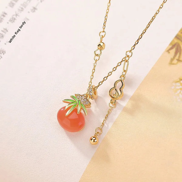 Vintage Style Gourd Pendant Necklace for Women in 925 Sterling Silver with Agate Inlay for New Year