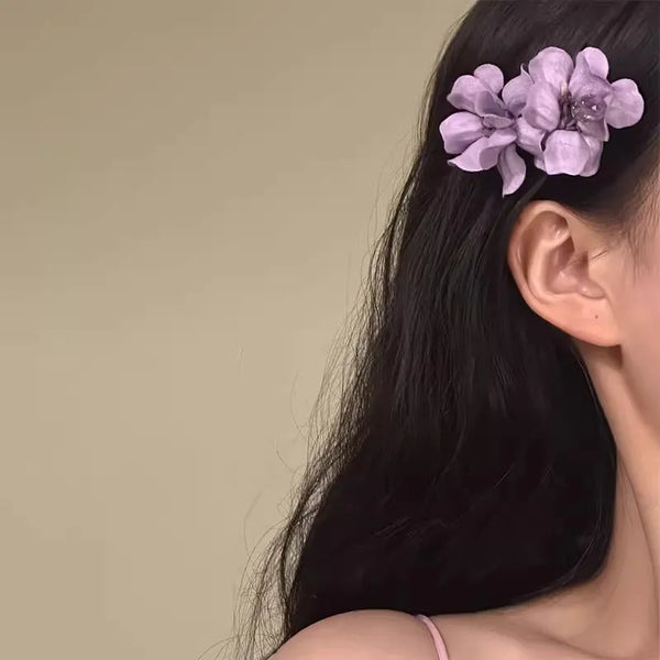 Vacation Style Hair Clip with Purple Flower Pattern Made of Soft Cloth for Stylish Hair Accessories