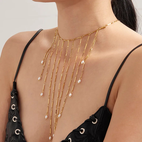 Exquisite Elegant Stainless Steel Freshwater Pearl Multi-Tassel Necklace 18K Gold Plated Geometric Pattern Lobster Clasp Jewelry