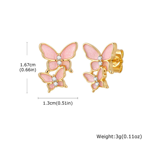 Sweet Style Girl Flower Butterfly Zircon Copper Material Pink Drip Oil Ear Studs Romantic Chic Spring Summer Autumn Winter