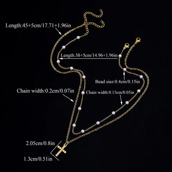 201 Stainless Steel Artificial Pearl Copper Inlay Cross Zircon Pendant Necklace