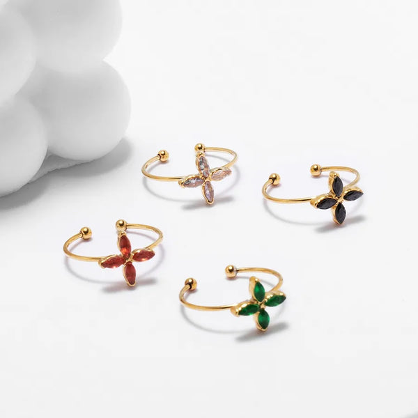 Wholesale Jewelry Cute Four Leaf Clover 304 Stainless Steel Zircon 18K Gold Plated Vacuum Plating Plating Inlay Open Rings