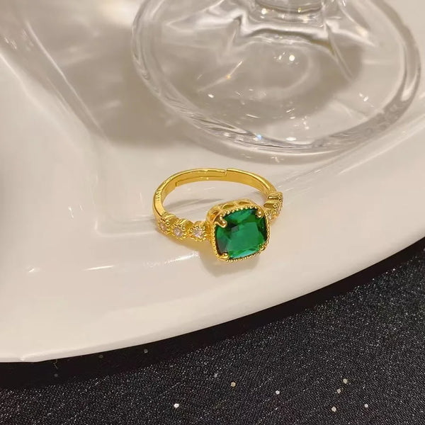 Adjustable Square Inlay Ring for Women in Copper with 18K Real Gold Plated Water Plating and Artificial Rhinestones