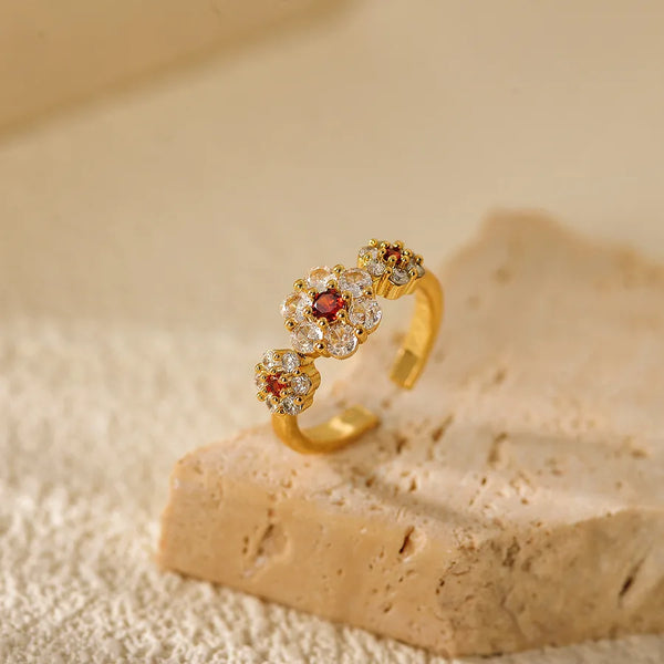 Elegant French Fashion High-End Open Design Zircon Ring For Women Gold Plated Durable Geometric Pattern Luxury Style Accessory