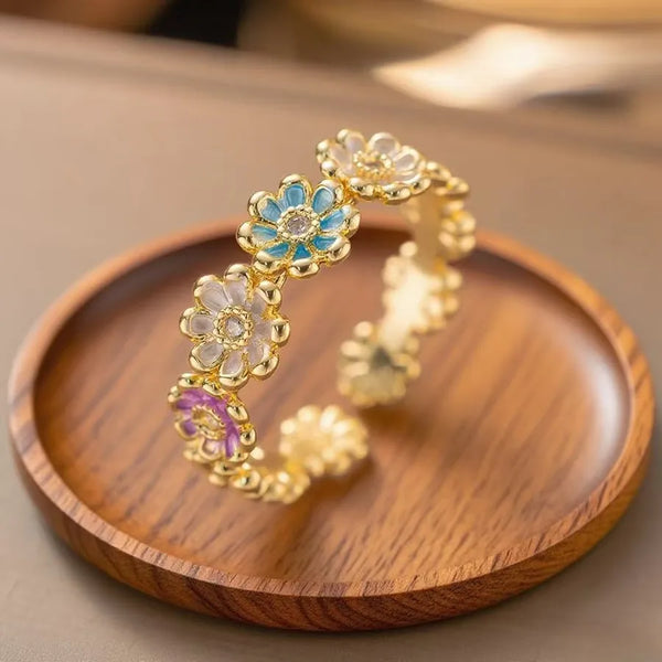 Women’s Open Rings Featuring Enamel Flowers with Artificial Rhinestones, Crafted in Copper and 18K Real Gold Water Plated