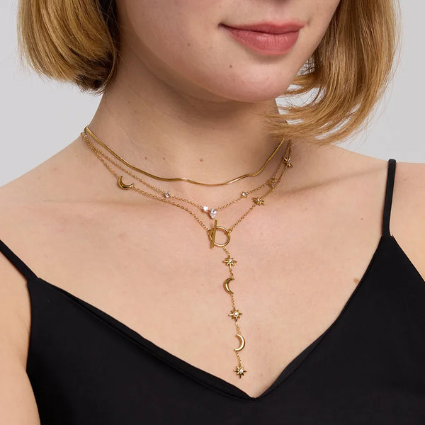 Electroplated Star Necklace in 18K Gold Plated 304 Stainless Steel with Zircon Inlay and PVD Coated Cable Chain