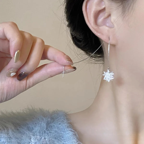 S925 Sterling Silver Tassel Earrings New Style Ice Transparent Flower Pendant Bohemian Print Jewelry For Women