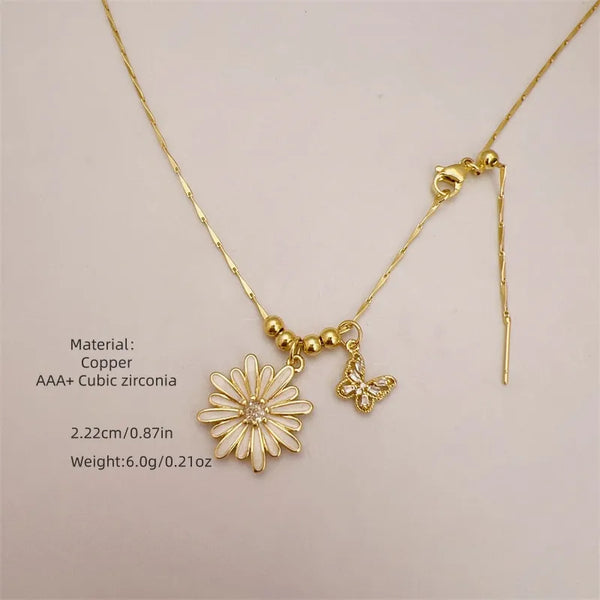Flowers Pendant Necklace For Women in Copper with 18K Gold Plated 0.03µm Thickness and Zircon Inlay on Cable Chain