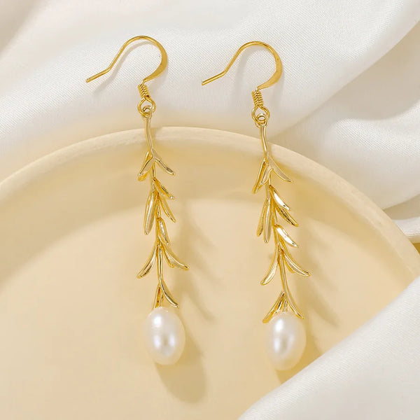 Water Droplets Freshwater Pearl Earrings in 925 Sterling Silver with Golden Plated Finish for Wedding
