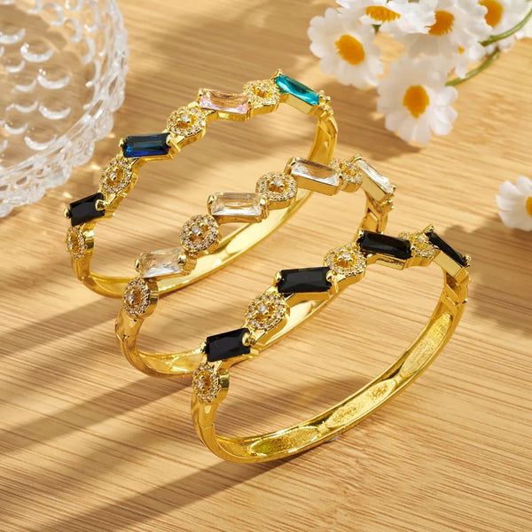 Square Electroplated Bangle for Women in Copper with 18K Gold Water Plating and Zircon Inlay