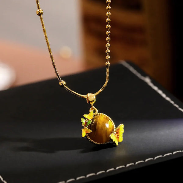 Butterfly Knot Yellow Glaze Tiger Eye Stone Necklace 3D Butterfly Geometric Pattern Rhinestone Women's Fashion Jewelry