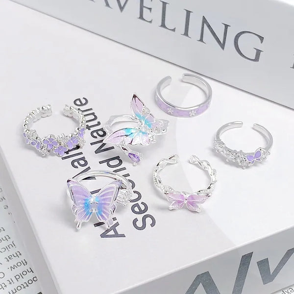 Romantic Purple Butterfly Enameled Drop Oil Zirconia Open Ring Stylish Versatile Stackable Women's Ring Sweet Cool Style