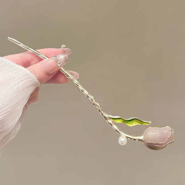 Elegant Modern Simple Style Women's Hairpin Tulip Flower Oil Drop Ancient Style Qipao Accessory Bohemian Pattern Alloy Hairpin