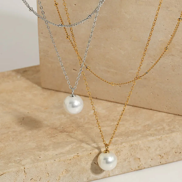 Stainless Steel New Double Layer Stacked Pearl Pendant Clavicle Chain Fashion Hot Sale Vacuum Plating Non-Fading High-End Necklace Wholesale