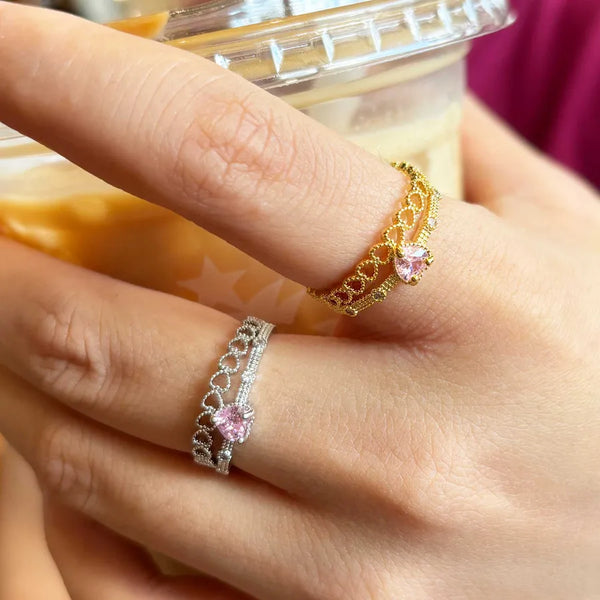 Copper Inlay Heart Shape Petal Zircon Open Rings