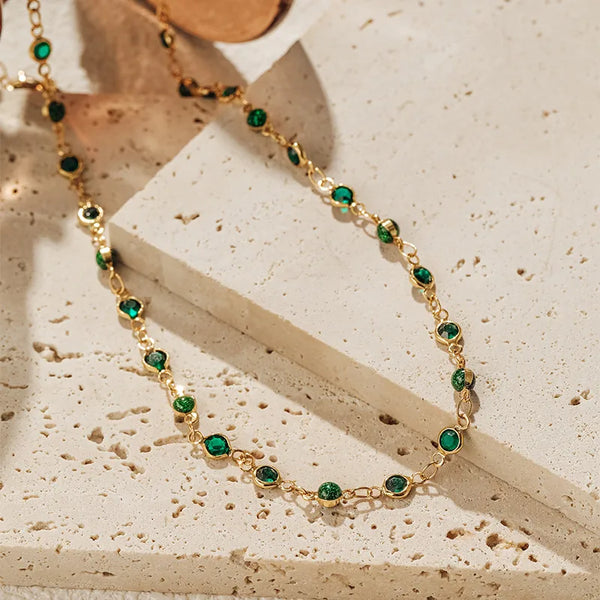New Vintage Glass Material Necklace Sparkling Powder Design Versatile Choker Elegant Geometric Pattern Handmade Women's Jewelry