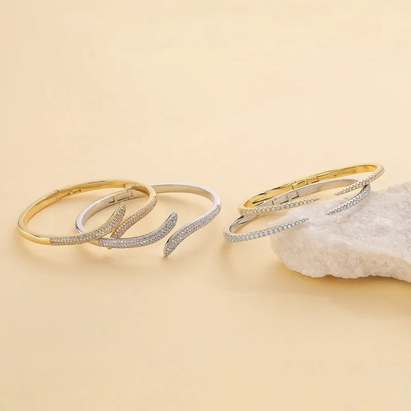 18K Gold Plated Copper Zircon Arc Elastic Bracelet Snake Wrap Open Stacking Bracelet Direct Sale