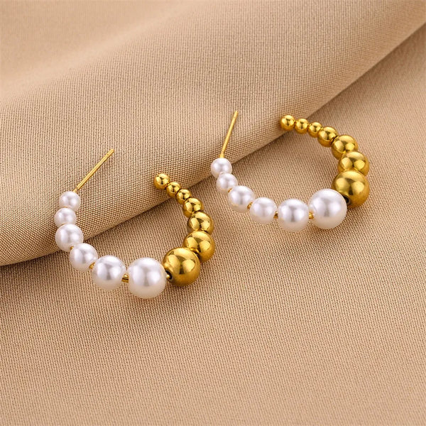 1 pair fashion c shape plating imitation pearl titanium steel earrings