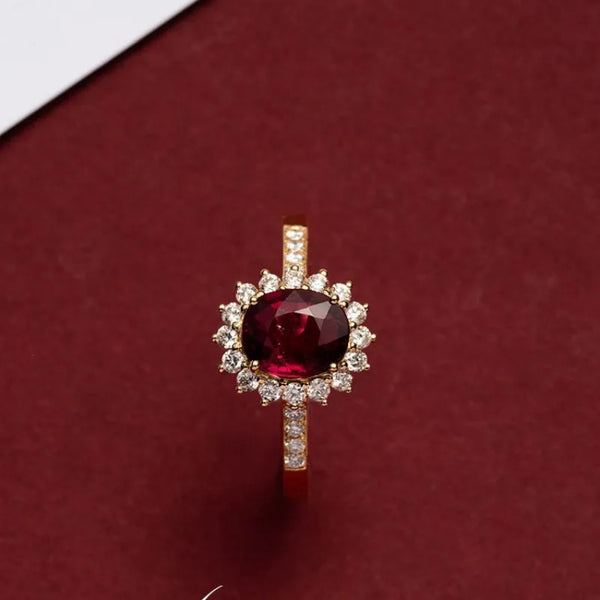 Rose Pattern Women’s Ring in 925 Sterling Silver with Electroplated 18K Real Gold Plated Finish Featuring July Birthstone Ruby