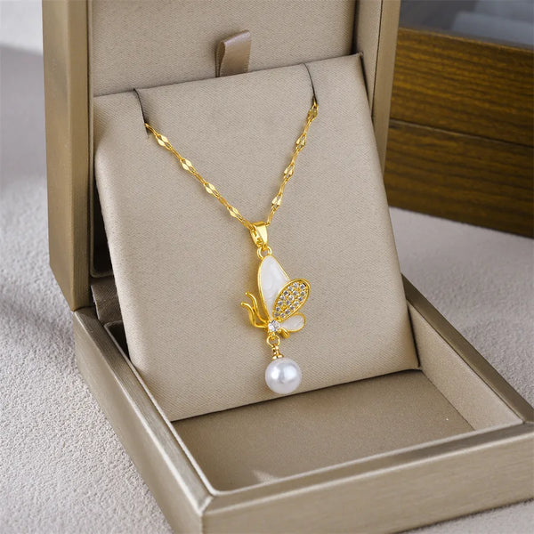 Tassel Butterfly Pearl Pendant Non-Fading Elegant 18K Gold Plated Necklace