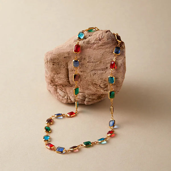 New Square Color Collision Design Necklace Bohemian Style Water Glass Material Colorful Diamond Fashion Jewelry For Women