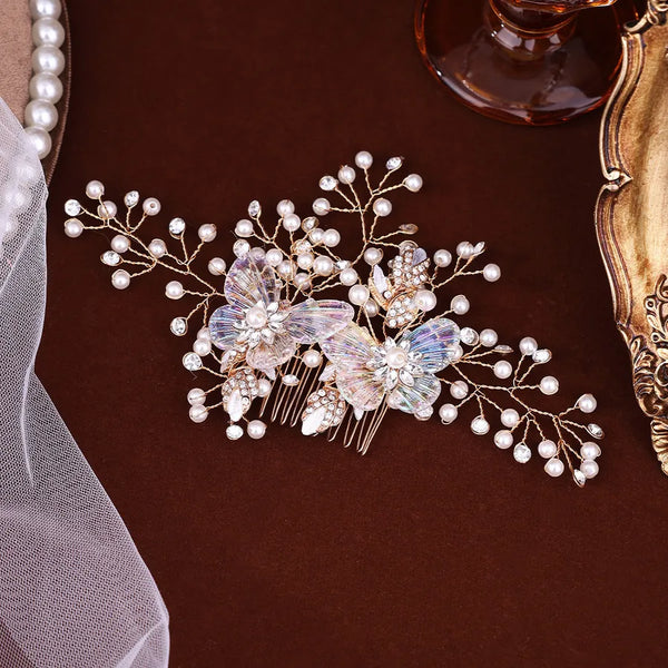 Handmade Pearl Butterfly Bridal Hair Comb Headwear Colorful Butterfly Pearl Leaf Hairpin Updo Fixing Accessory Bohemian Style