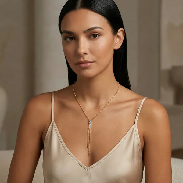 Tassel Necklace For Women in 201 Stainless Steel with 18K Real Gold Plated PVD Coating and Zircon Inlay, 0.03µm-0.05µm Thickness