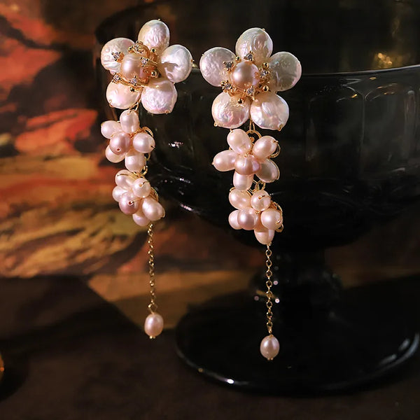Original Baroque Natural Pearl Flower Chain Earrings for Women Vacuum Electroplated Drop Earrings Jewelry