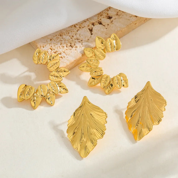 C-shaped Leaf Water Plated 304 Stainless Steel Non-inlaid Material Imitation Gold Plated Earrings for Women