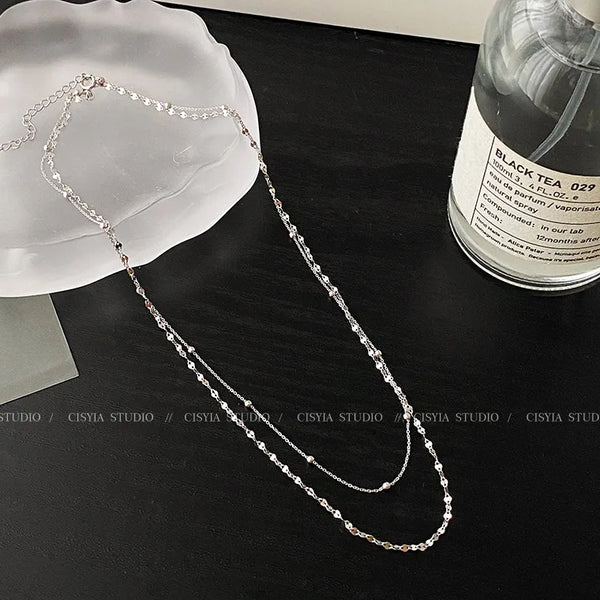 S925 Sterling Silver Necklace Women's Double Layer Luxury Minimalist High-End Feelings Choker Clavicle Chain Silver Jewelry