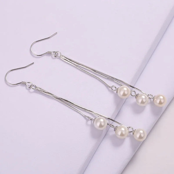 S925 Silver Long Three-Line Bead Tassel Simple Style New Earring Ins Ear Chain Drop Earrings Elegant Girl Jewelry Accessories