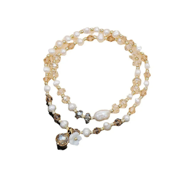 Pearl Crystal Bracelet for Women with Flower and Shell Design, Summer Jewelry with Adjustable Clasp and Geometric Carving