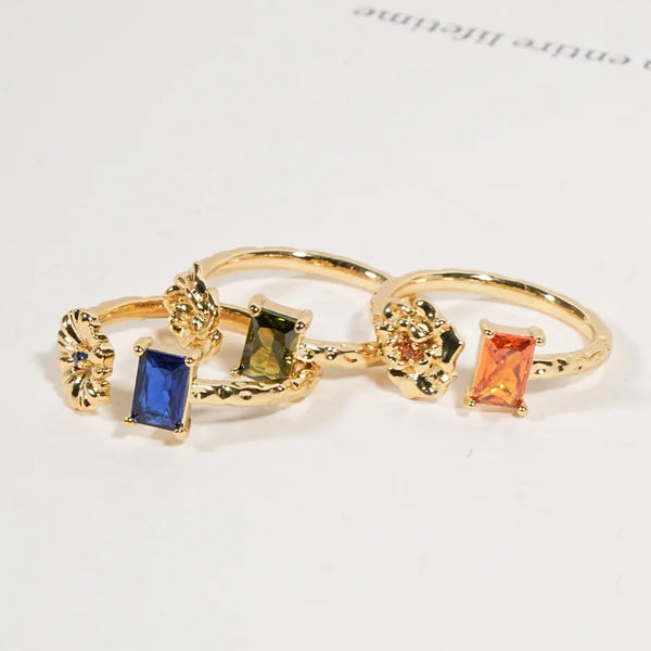 Women’s Open Ring with Flowers Design, Electroplated Copper Base, 18K Real Gold Plated, Featuring Birthstone Inlay