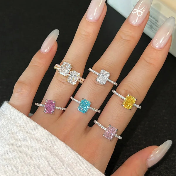 S925 Sterling Silver Ice Flower Zircon Rectangle High Carbon Diamond Ring Women's Luxury Simulated Jewelry Ring Geometric Pattern