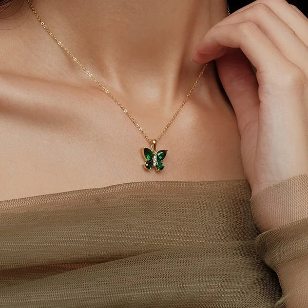 Vintage Style Butterfly Pendant Necklace for Women in 925 Sterling Silver with 18K Real Gold Plating and Zircon Inlay