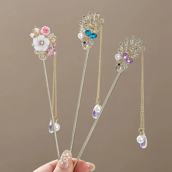 Retro Metal Hair Sticks with Flowers Design, Elegant Hair Accessories for Stylish Looks