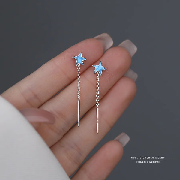 S999 Pure Silver Blue Small Starfish Earrings Women Long Fashion Versatile Fresh Vacation Style Summer 2025 Elegant Jewelry