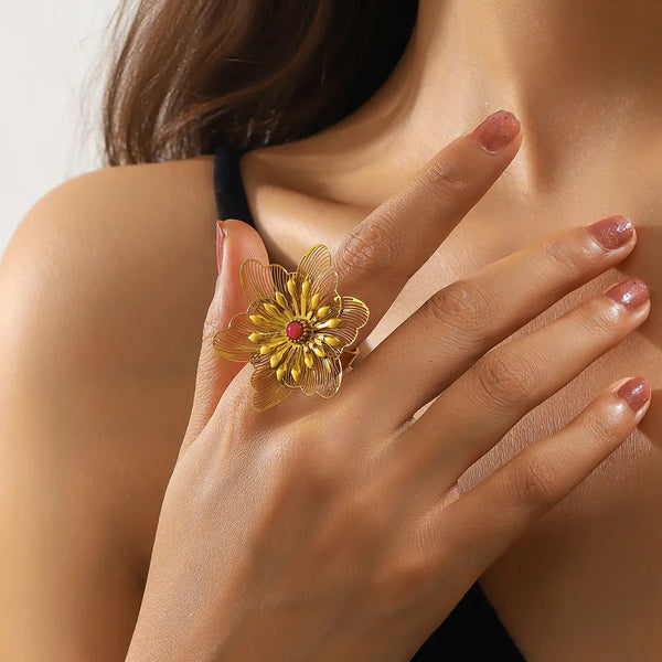 Wholesale Jewelry Cute Handmade Rock Flower Petal 316L Stainless Steel  Natural Stone Titanium Steel Zircon 18K Gold Plated Vacuum Plating Frill Inlay Open Rings