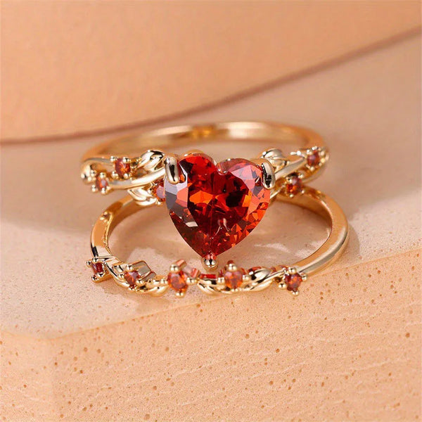 Fashionable Vintage Simple Heart Shaped Red Ruby Ring Set With Embedded Zirconia Diamonds  New Model Couple Rings