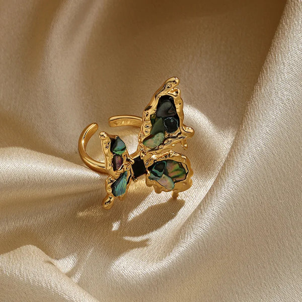 retro animal butterfly copper plating inlay shell zircon 18k gold plated open rings