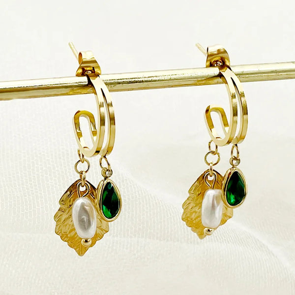 1 Pair IG Style Casual Commute Round Leaves Water Droplets Beaded Pearl Inlay 304 Stainless Steel Zircon 14K Gold Plated Drop Earrings Ear Studs