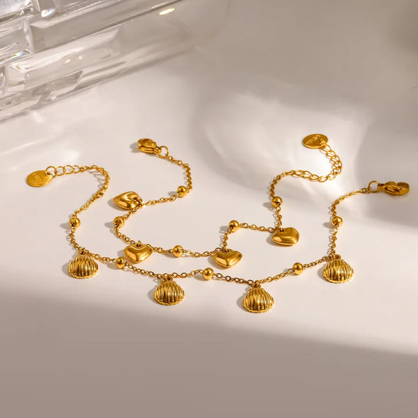 Waterproof Non Tarnish Shell Bracelet for Women, 18K Real Gold Plated 304 Stainless Steel with PVD Coated Cable Chain