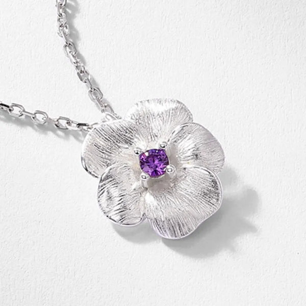 Vintage Style Handcrafted Brushed 3D Purple Zircon Flower Platinum Plated 925 Sterling Silver Necklace Retro High-Cool Wedding Necklace for Women Christmas Valentine's Day Thanksgiving