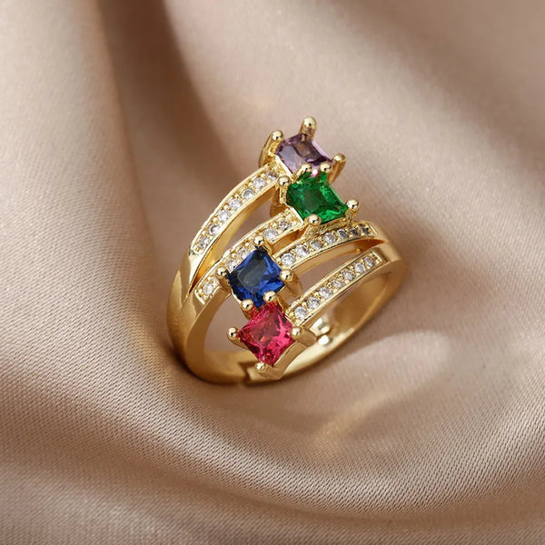 Flower Zircon Women's Ring 18K Gold Plated Leaf Heart Vintage Style Jewelry Ring Party Gift Vacuum Electroplating (Furnace)