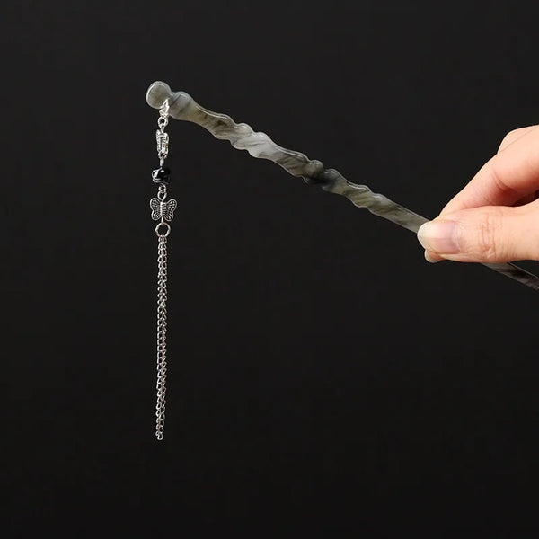 Chinoiserie Butterfly Hair Sticks for Women in Metal with Beads Inlay