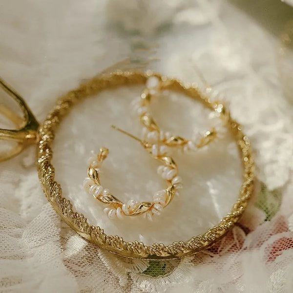 Elegant Large C Gold Pearl Earrings Natural Freshwater Women's Fashion Wedding Jewelry Round Face French Style Ethnic Trend