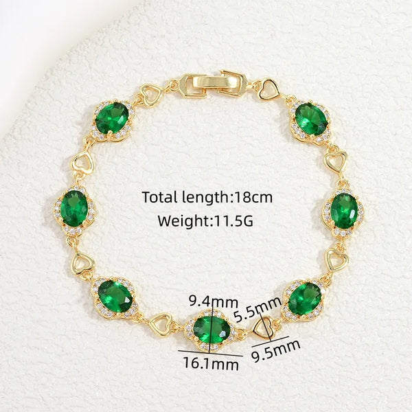Oval Inlay Zircon Bracelet for Women with Handmade Chain, Copper Base and 18K Real Gold Water Plating