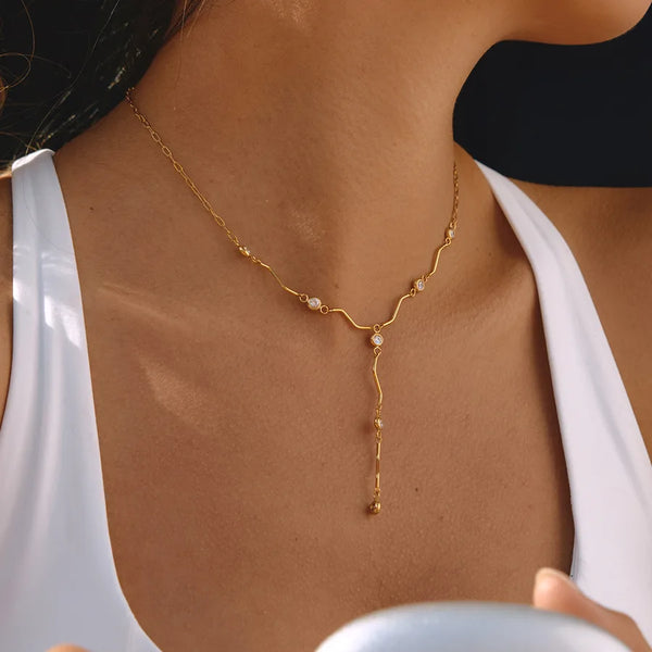 Waves Waterproof Non Tarnish Necklace for Women in 304 Stainless Steel with 18K Real Gold Plated PVD Coating and Zircon Inlay