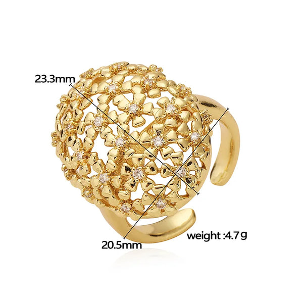 Wholesale Jewelry Casual Elegant Flower Copper Zircon 18K Gold Plated Plating Hollow Out Inlay Open Rings