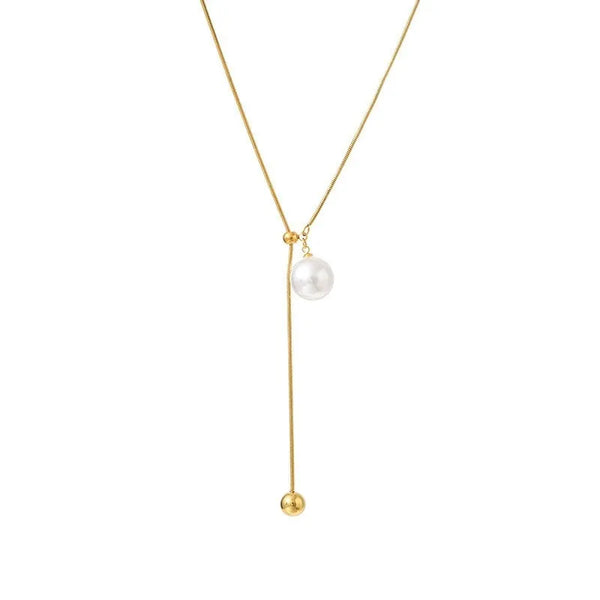 Asymmetrical Round Long Necklace for Women with 18K Real Gold Plated 304 Stainless Steel and Artificial Pearl, PVD Coated Slider Chain